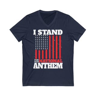 Buy navy Unisex I Stand For Our National Anthem Jersey Short Sleeve V-Neck Tee- Express Your Patriotism with Style