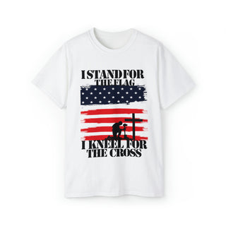 Buy white I Stand For The Flag And Kneel For American Flag and Cross Design-Unisex Ultra Cotton Tee