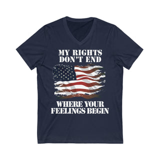 Buy navy Unisex My Rights Don&#39;t End Where Your Feelings Begin Jersey V-Neck Tee
