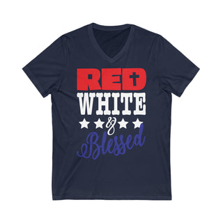 Unisex Red White Blessed Jersey Short Sleeve V-Neck Tee
