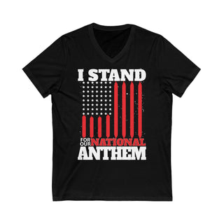 Buy black Unisex I Stand For Our National Anthem Jersey Short Sleeve V-Neck Tee- Express Your Patriotism with Style