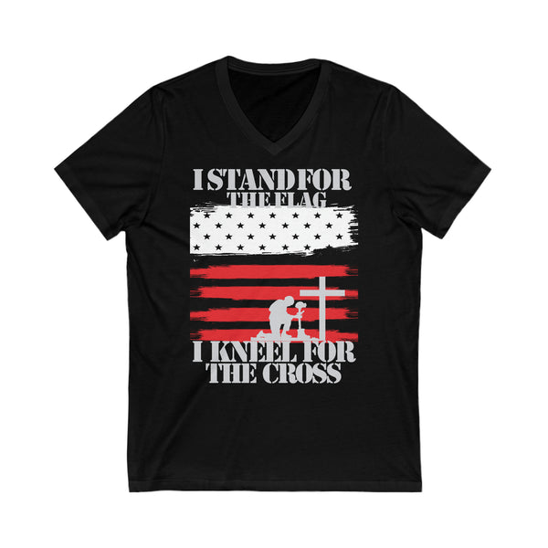I Stand For The Flag And Kneel For The Cross - Unisex Short Sleeve V-Neck Tee - Patriotism and Faith in Every Stitch