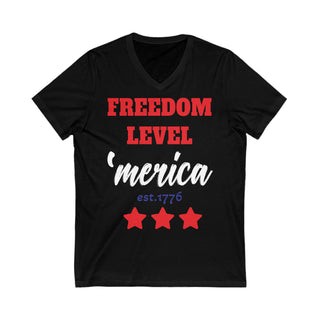 Buy black Freedom Level America Est 1776 - Unisex Jersey Short Sleeve V-Neck Tee