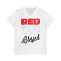 Unisex Red White Blessed Jersey Short Sleeve V-Neck Tee - Patriotic Comfort Meets Style