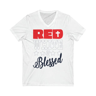 Buy white Unisex Red White Blessed Jersey Short Sleeve V-Neck Tee - Patriotic Comfort Meets Style