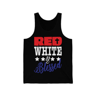 Buy black Unisex Red White Blessed Jersey Tank - Embrace Patriotism and Blessings in Style