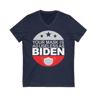 Buy navy Your Mask Is As Useless As Biden Unisex Jersey V-Neck Tee