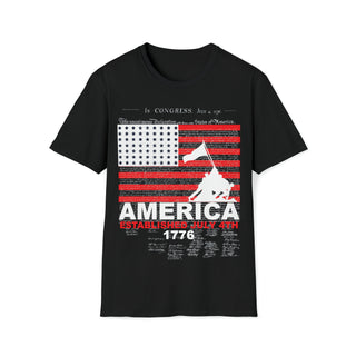 Buy black Unisex America Established July 4th 1776 Softstyle T-Shirt - American independence with your attire.