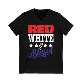 Buy black Unisex Red White Blessed Jersey Short Sleeve V-Neck Tee - Patriotic Comfort Meets Style